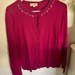 LOFT Pink Cardigan Sweater with Embellished Neckline